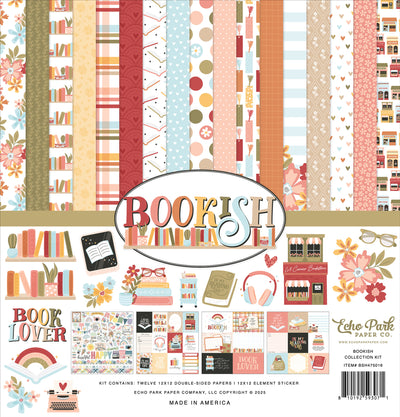 Collection of patterned papers with 'Bookish' theme and branding