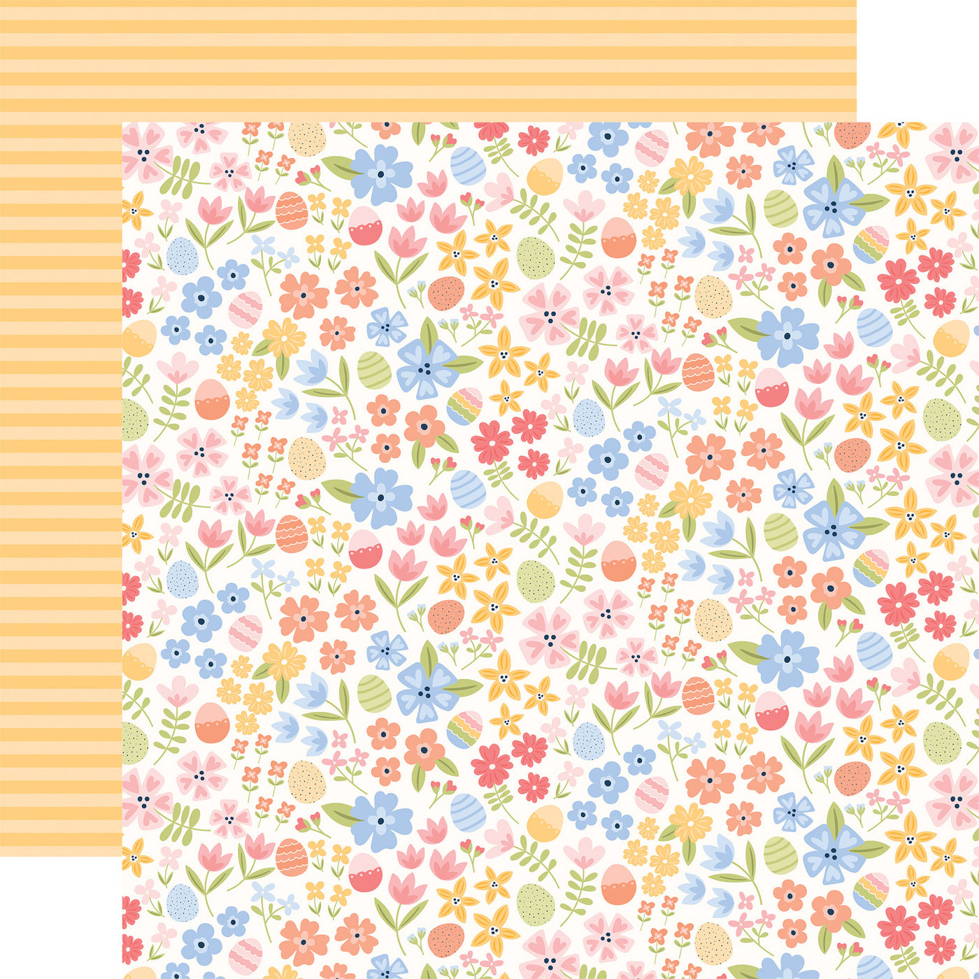 12x12 double-sided patterned paper - (easter eggs and floral on a white background and yellow-stripe background reverse) - Echo Park Paper.