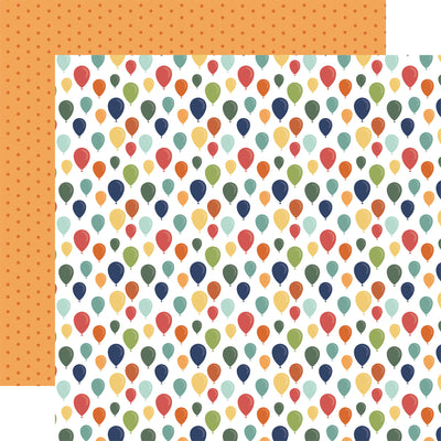 12x12 double-sided multi-colored patterned paper from Echo Park Paper (colorful birthday balloons on a white background, little red stars on an orange background reverse)