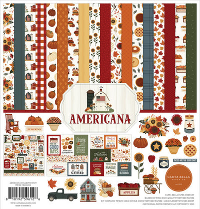AMERICANA 12x12 Collection Kit by Carta Bella - Collection Kit for paper crafts includes 12 double-sided papers with beautiful fall themes. Matching sticker elements sheet included. 80 lb felt cover cardstock
