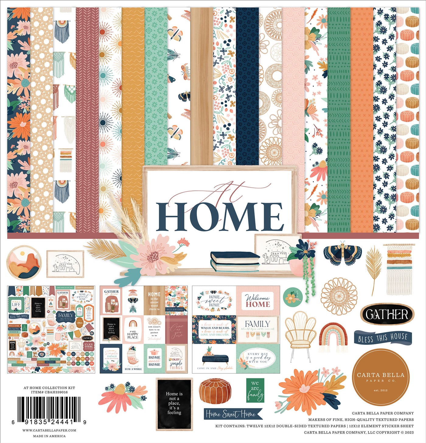 The AT HOME 12x12 Collection Kit by Carta Bella is a delightful assortment of crafting essentials for all your creative projects. This kit features a charming array of patterned papers, coordinating stickers, and ephemera, all designed with a cozy and boho theme. 