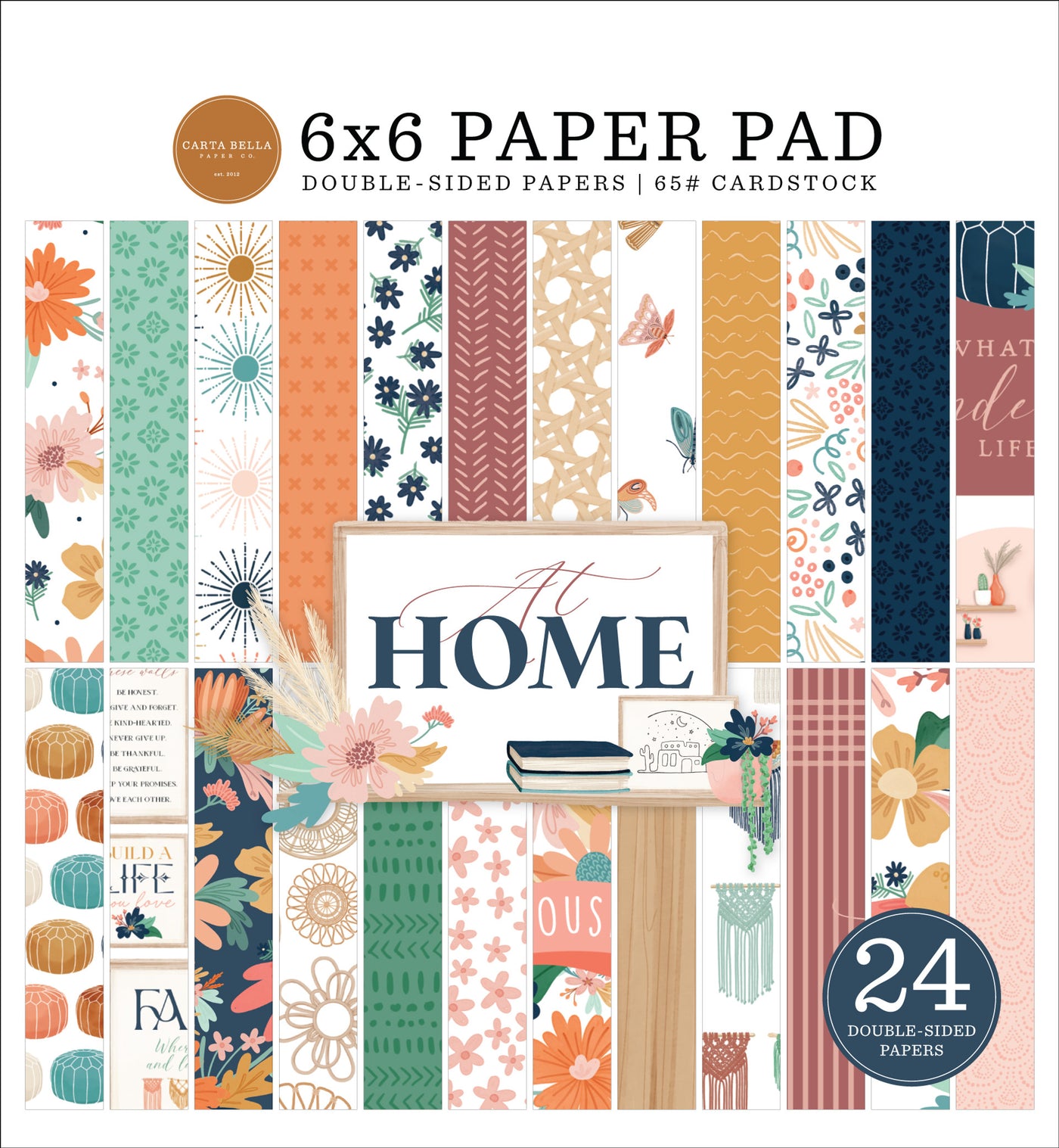 A 24-sheet pad contains 6" x 6" reduced versions of the At Home Collection papers. Handy for cards, journaling, pages, and more.