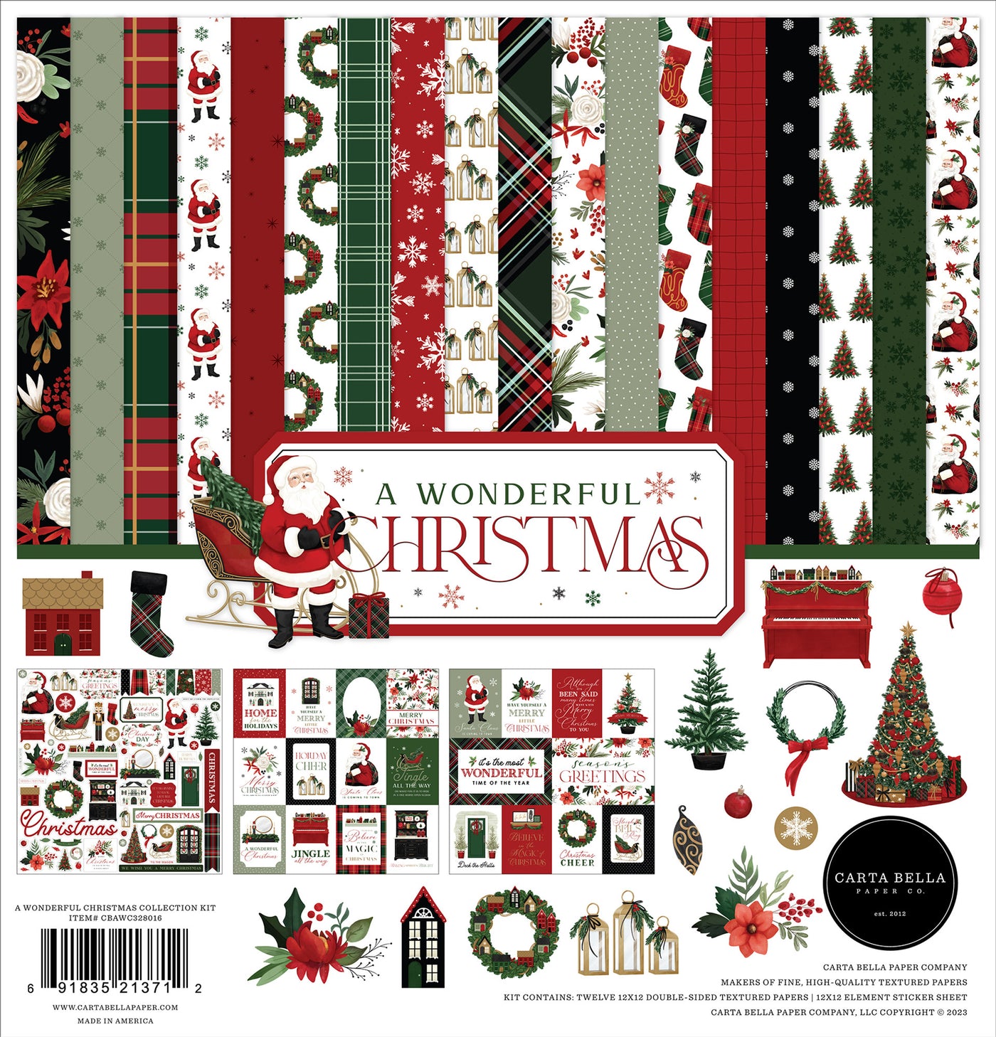 Collection Kit for paper crafts includes 12 double-sided papers with all the popular symbols of Christmastime. Matching sticker elements sheet included.