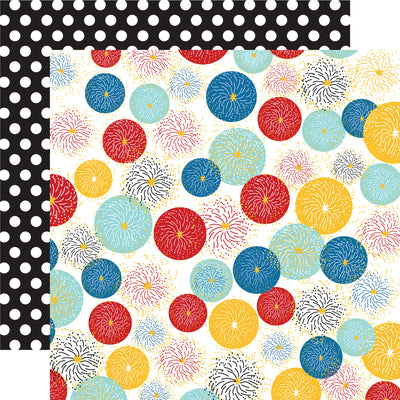 12x12 double-sided patterned paper - (Side A - red, blue, and yellow fireworks on a black background; Side B - plaid in matching colors on a white background); archival quality, acid-free. - Carta Bella.