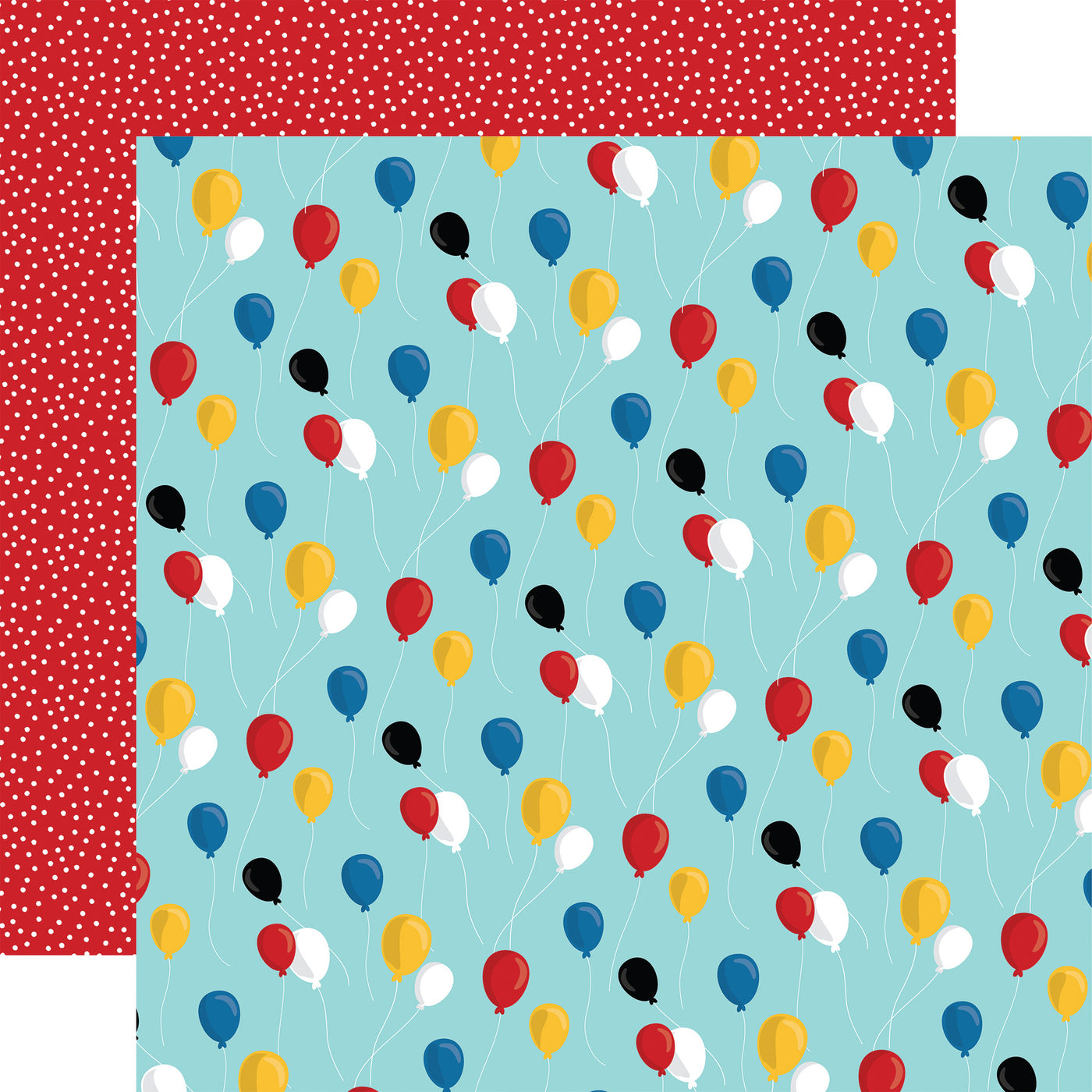 12x12 double-sided patterned paper - (Side A - balloons with strings in red, yellow, blue, and black all over on a light blue background; Side B - white dots all over on a red background) - Carta Bella.