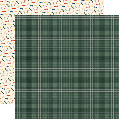 (Side A - a classic plaid pattern on a dark green background, Side B - colorful seamless pattern on a light cream or beige background, featuring a dense scattering of small bone shapes)