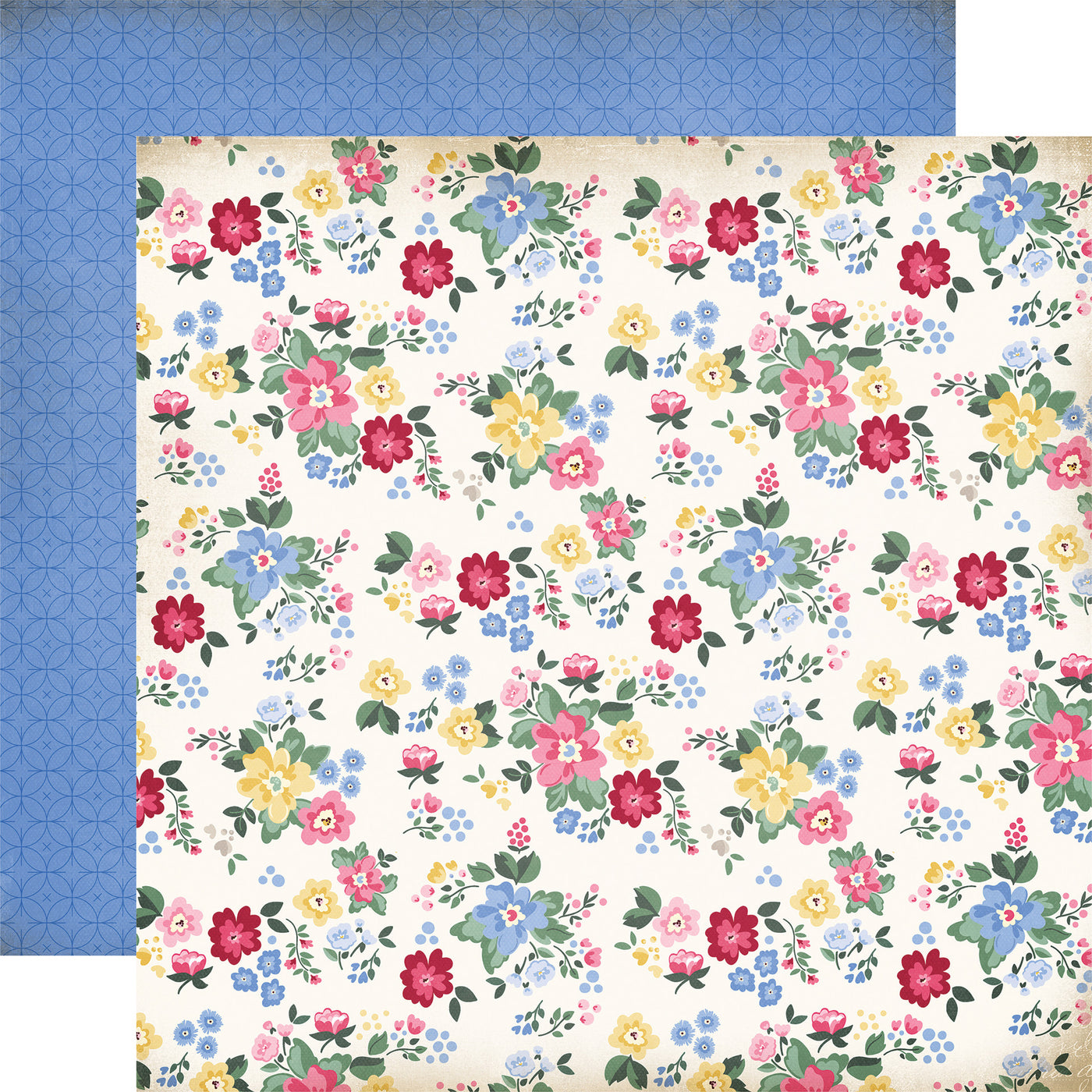 Double-sided 12x12  Floral spray on an off-white background. The reverse is a blue pattern on a blue background 80 lb cover—felt texture.