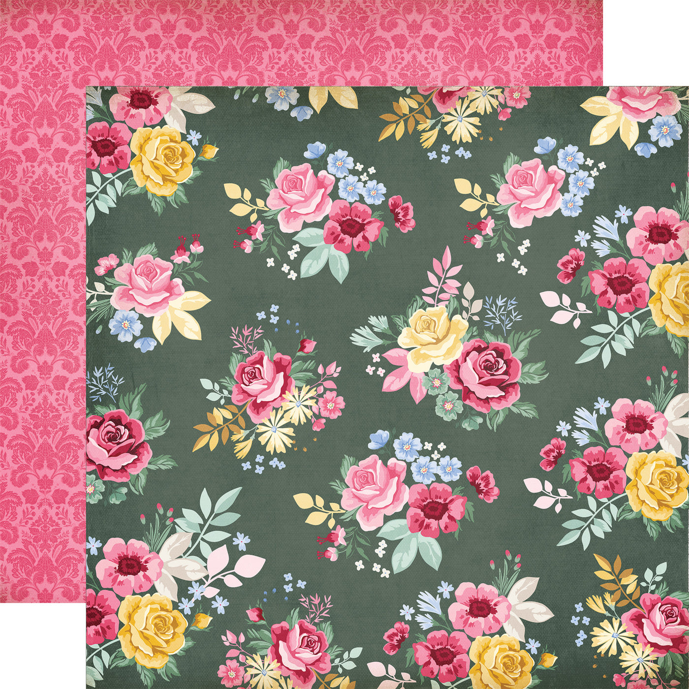 Double-sided 12x12 Floral sprays on a dark green background. The reverse is a pink damask on a pink background. 80 lb cover—felt texture.