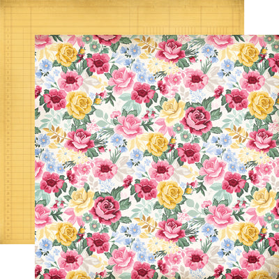 Double-sided 12x12 Pink and yellow roses with little blue flowers on an off-white background. The reverse is yellow ledger paper. 80 lb cover—felt texture.