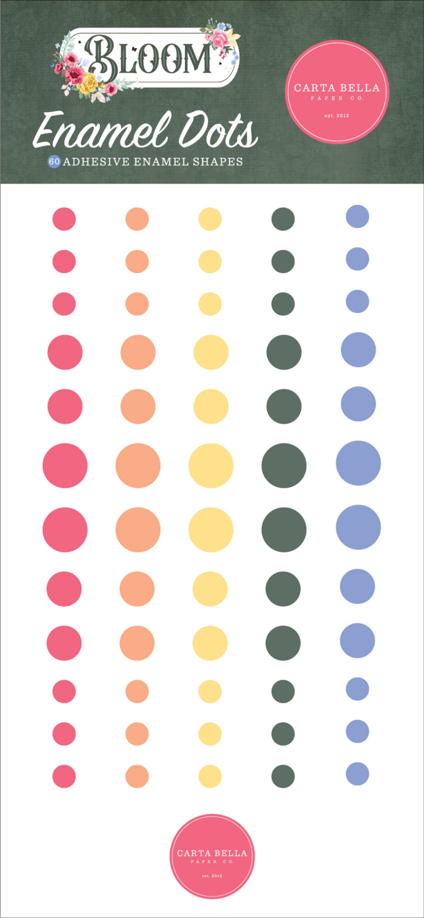 Packaging of Bloom Enamel Dots with bright colors.