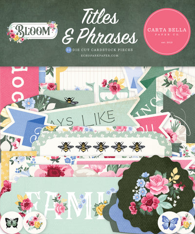 Bloom Titles & Phrases Die Cut Cardstock Pack.  Pack includes 32 different die-cut shapes ready to embellish any project.