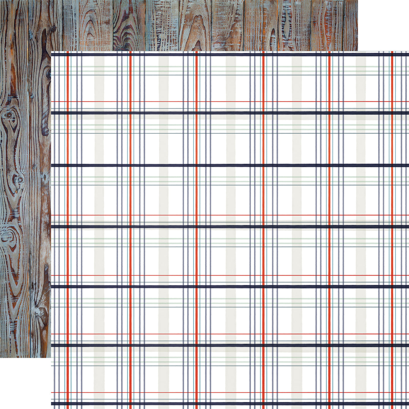 (Side A - plaid design on the front, with thin red, dark blue, and light gray lines forming a grid on a white background; Side B - a weathered wood grain pattern with shades of brown and hints of blue or grey)