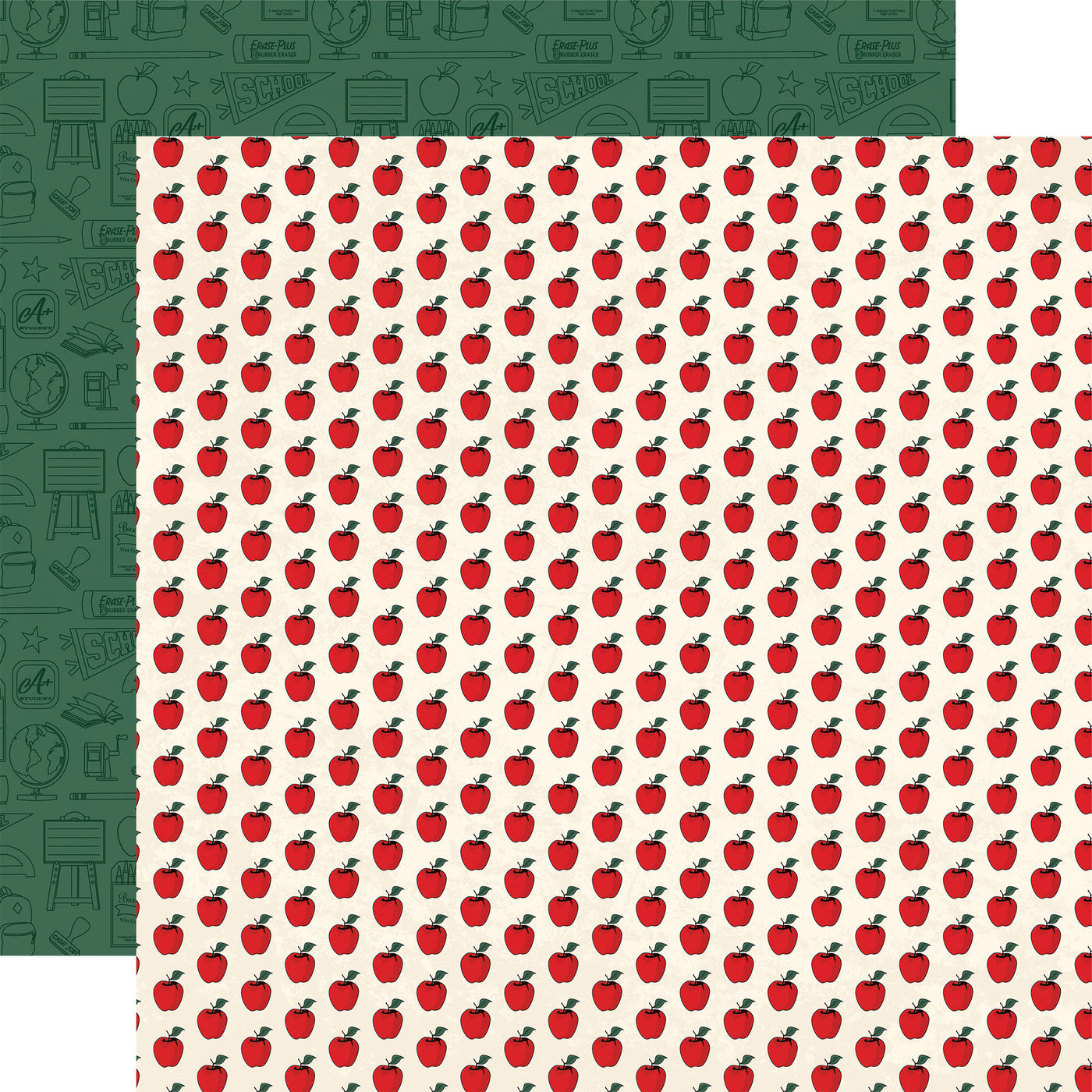 Patterned paper with red apples on a white background, with green with school-themed icons pattern reverse.