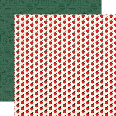 Patterned paper with red apples on a white background, with green with school-themed icons pattern reverse.
