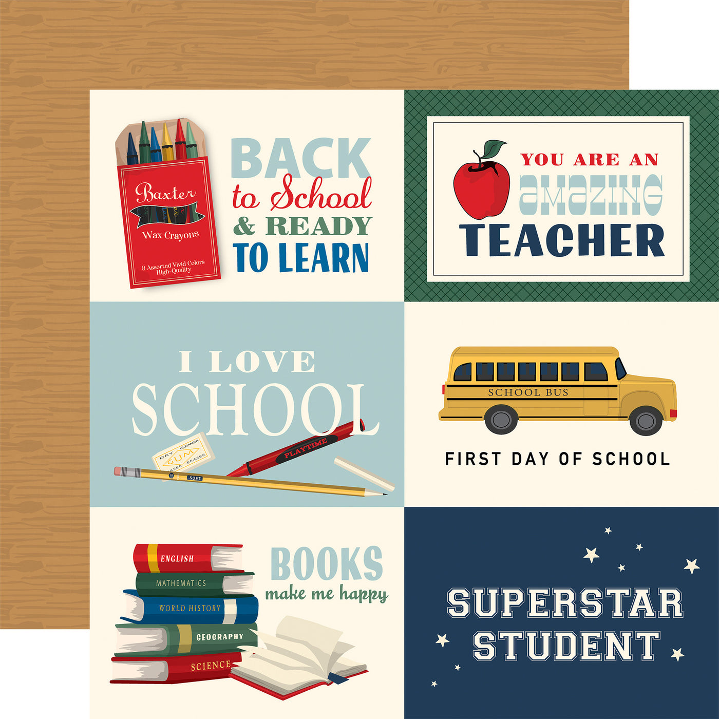 Collection of back-to-school-themed cards with a wooden pattern reverse.