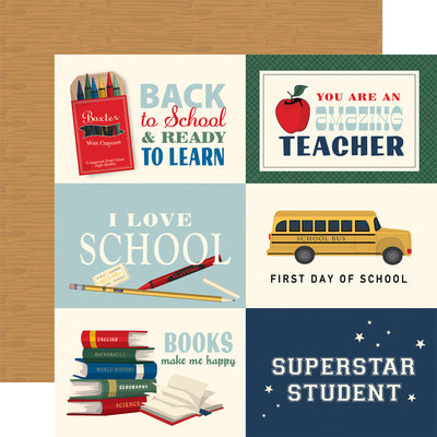 Collection of back-to-school-themed cards with a wooden pattern reverse.