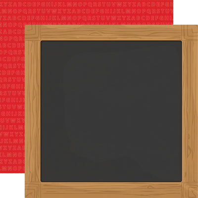 Blackboard with wooden frame, on the reverse is a red background with an alphabet pattern.