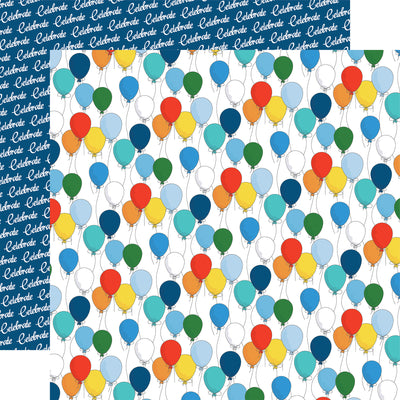 (Side A - balloons with strings in red, yellow, blue, and green all over on a white background, Side B - rows of the word "celebrate" on a blue background)