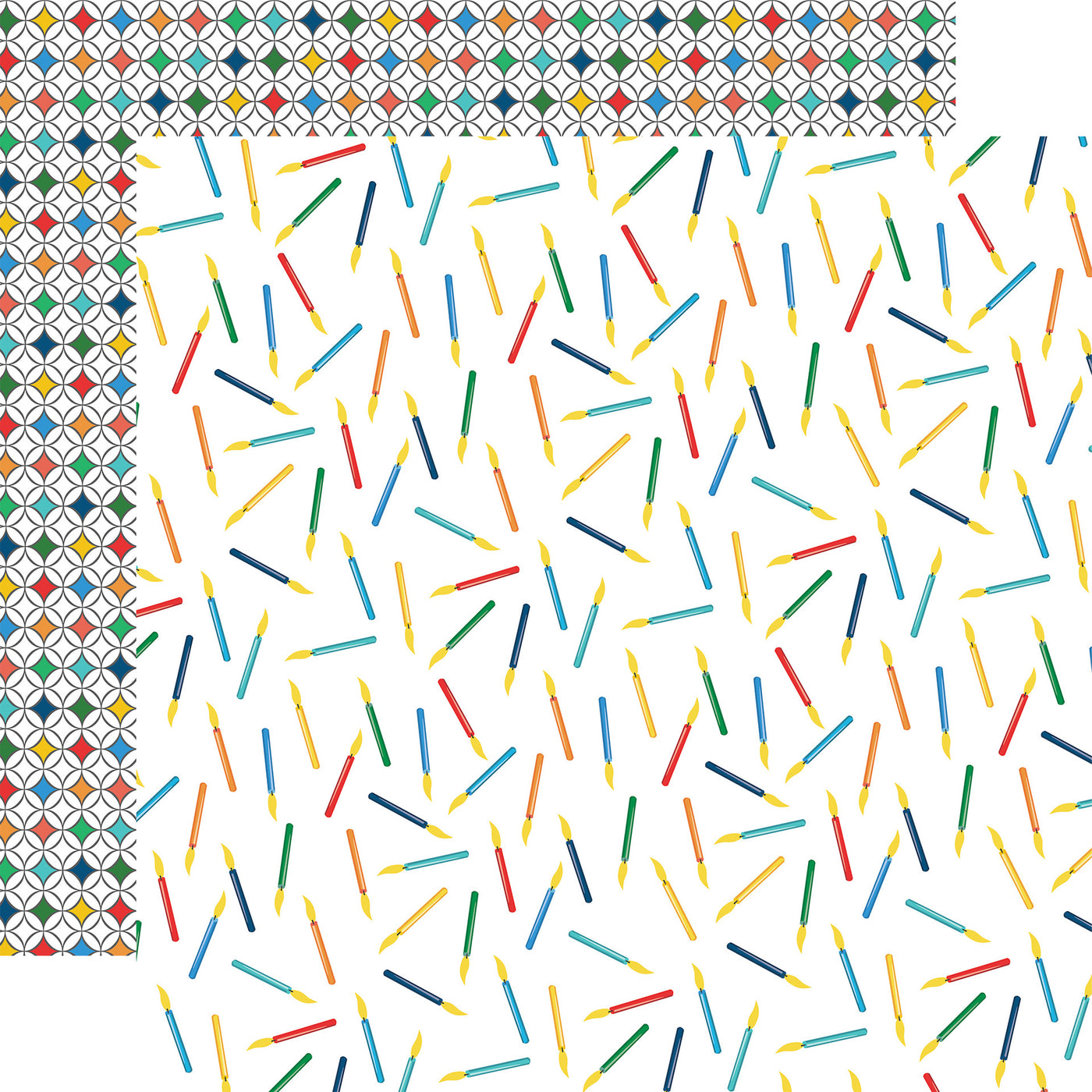 12x12 double-sided patterned paper (Side A - birthday candles in red, yellow, blue, and green all over on a white background; Side B - a fun, colorful geometric pattern on a white background) - Carta Bella.