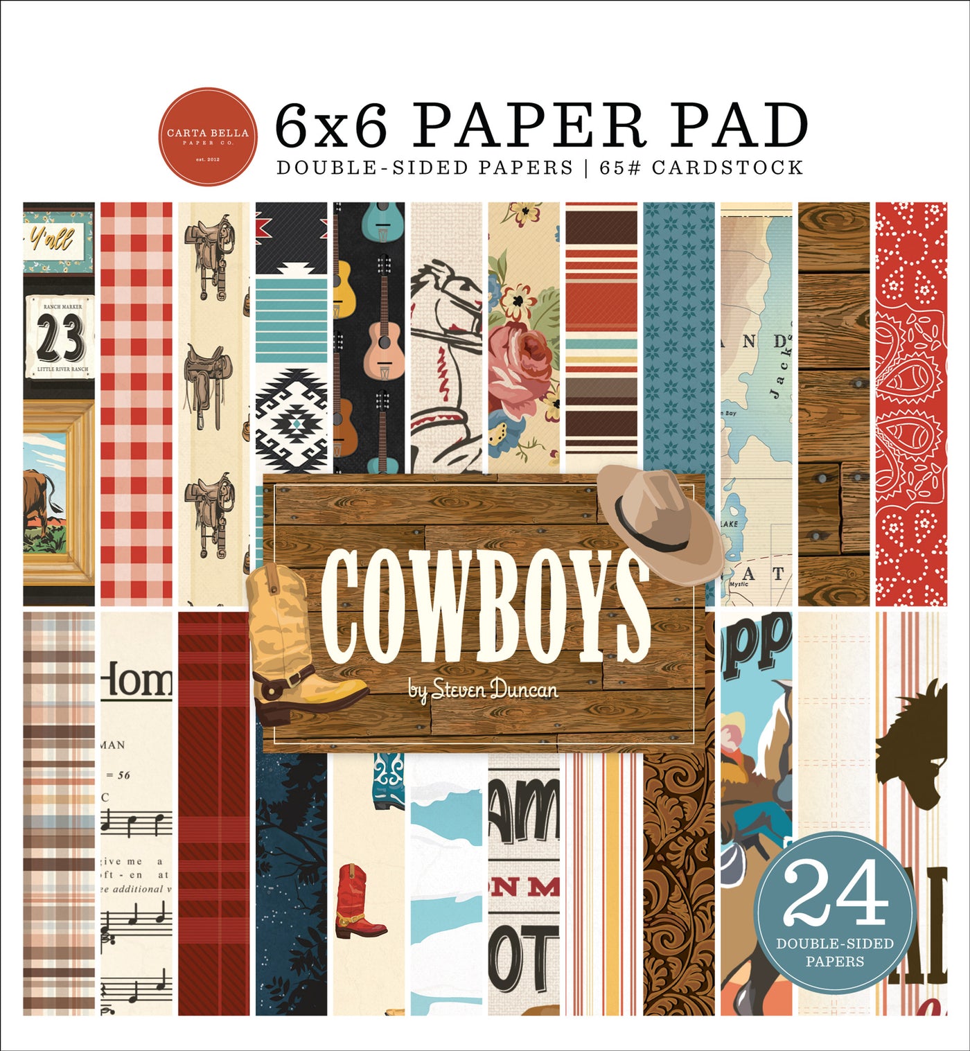 Things you see at the ranch in bright, fun colors. Versatile 6x6 pad with 24 double-sided sheets. Great for card making and pages. From Carta Bella Paper Co.