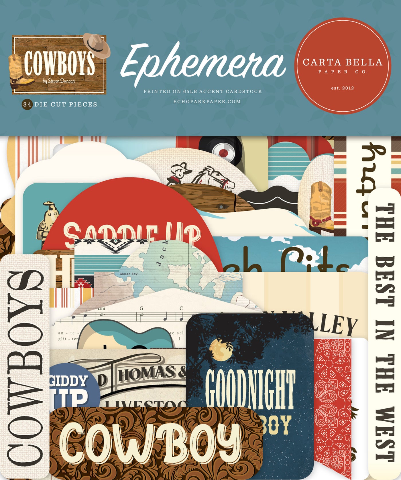 Cowboys Ephemera Die Cut Cardstock Pack.  Pack includes 34 different die-cut shapes ready to embellish any project.