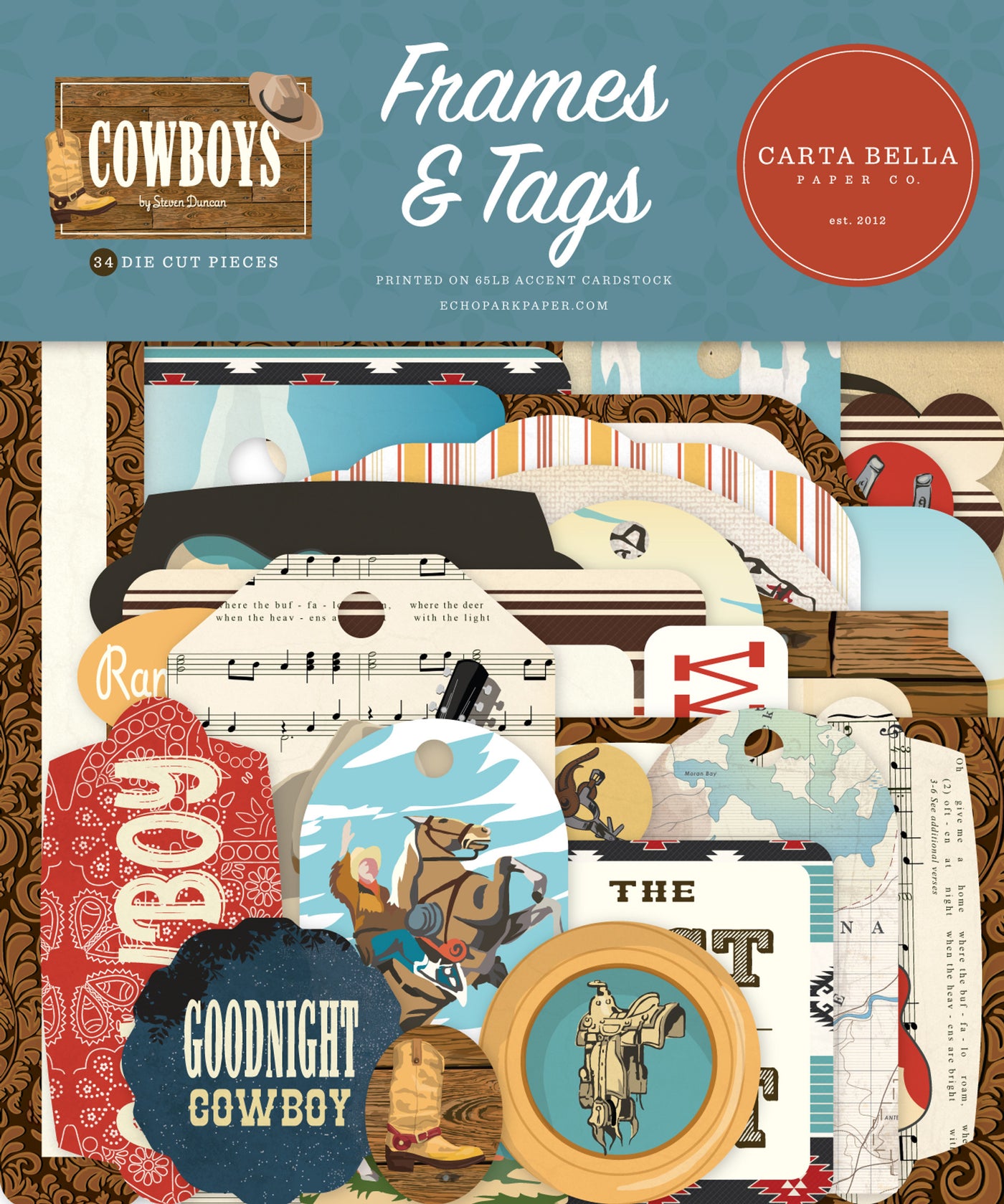 Cowboys Frames & Tags Die Cut Cardstock Pack includes 34 different die-cut shapes ready to embellish any project.