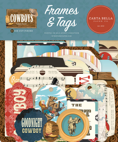 Cowboys Frames & Tags Die Cut Cardstock Pack includes 34 different die-cut shapes ready to embellish any project.