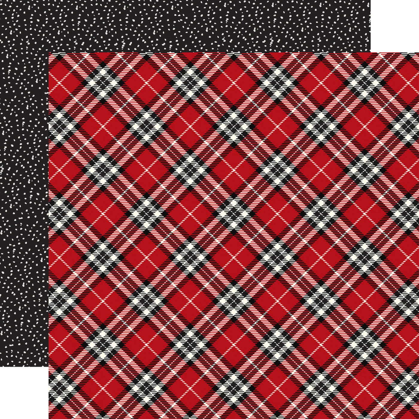 Double-sided 12x12 cardstock with red, black, and white plaid; the reverse is white dots on a black background. 80 lb cover. Felt texture.