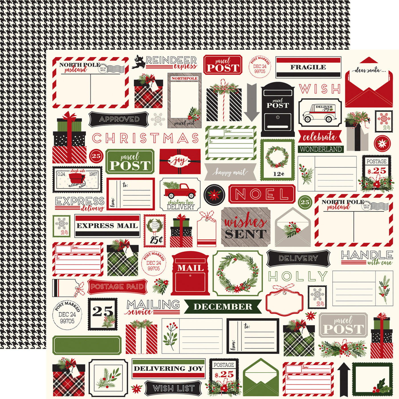 Double-sided 12x12 cardstock with Christmas tags all over; the reverse is a black and cream houndstooth.. 80 lb cover. Felt texture.
