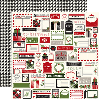 Double-sided 12x12 cardstock with Christmas tags all over; the reverse is a black and cream houndstooth.. 80 lb cover. Felt texture.