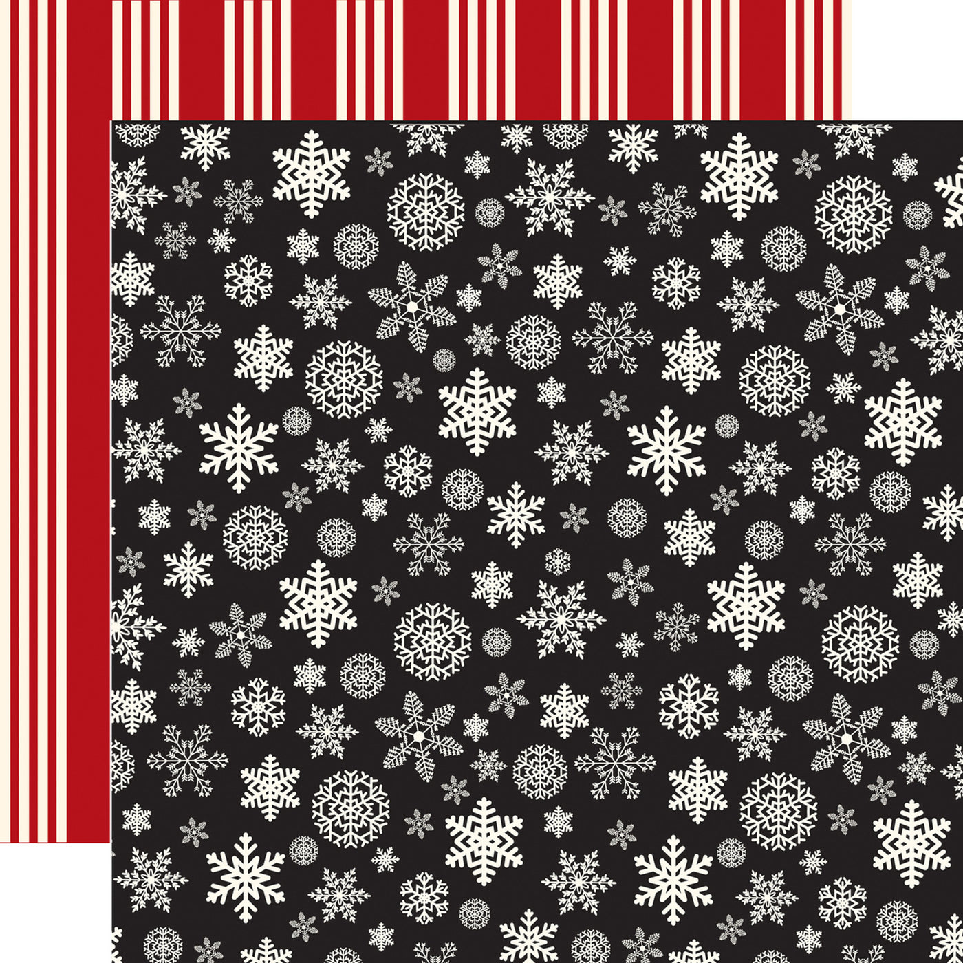 Double-sided 12x12 cardstock with white snowflakes on a black background; the reverse is white stripes on a red background. 80 lb cover. Felt texture.