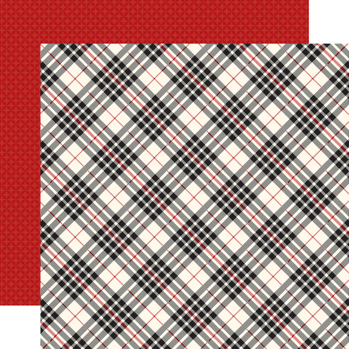 Double-sided 12x12 cardstock with black, red, and cream diagonal plaid; the reverse is a red pattern on a red background. 80 lb cover. Felt texture.