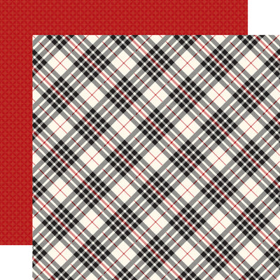 Double-sided 12x12 cardstock with black, red, and cream diagonal plaid; the reverse is a red pattern on a red background. 80 lb cover. Felt texture.