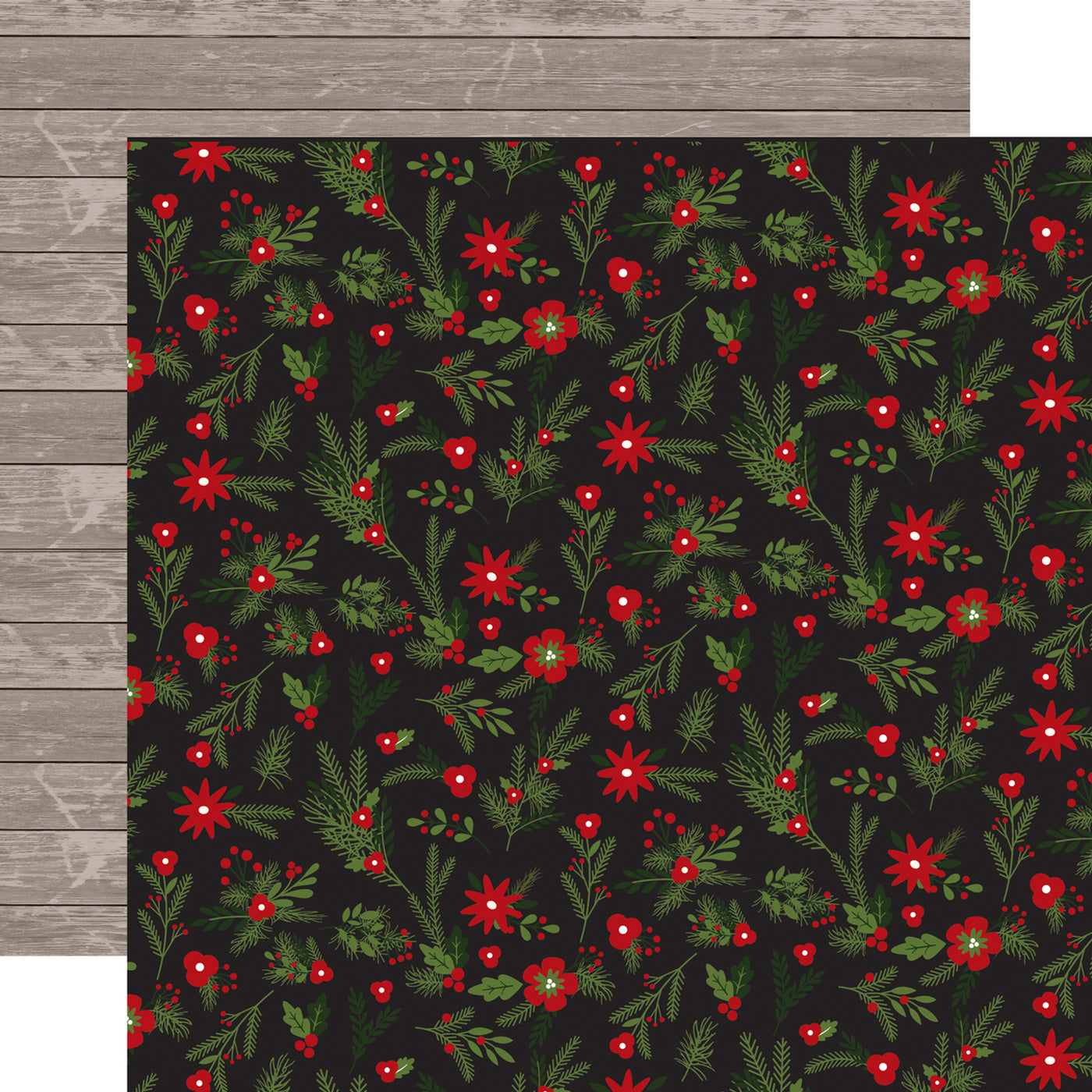 Patterned paper with red flowers and green leaves on a black background, with a wooden background reverse.