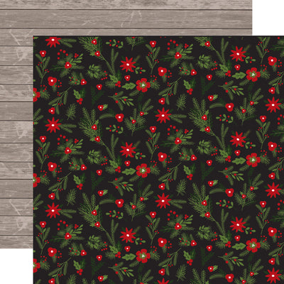 Patterned paper with red flowers and green leaves on a black background, with a wooden background reverse.