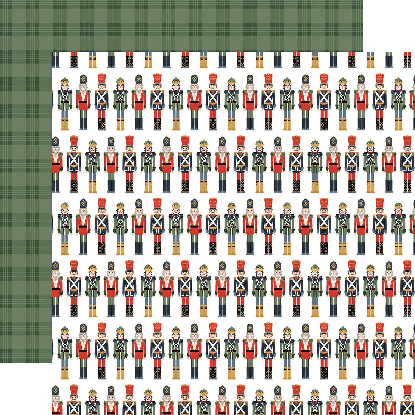 Pattern of toy soldiers on a white background, green plaid reverse.