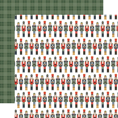 Pattern of toy soldiers on a white background, green plaid reverse.