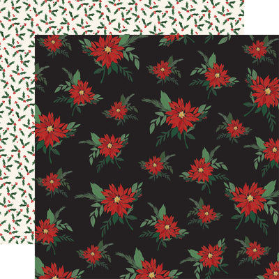 Double-sided 12x12 cardstock with red poinsettias on a black background; the reverse is holly & berries on a cream background.