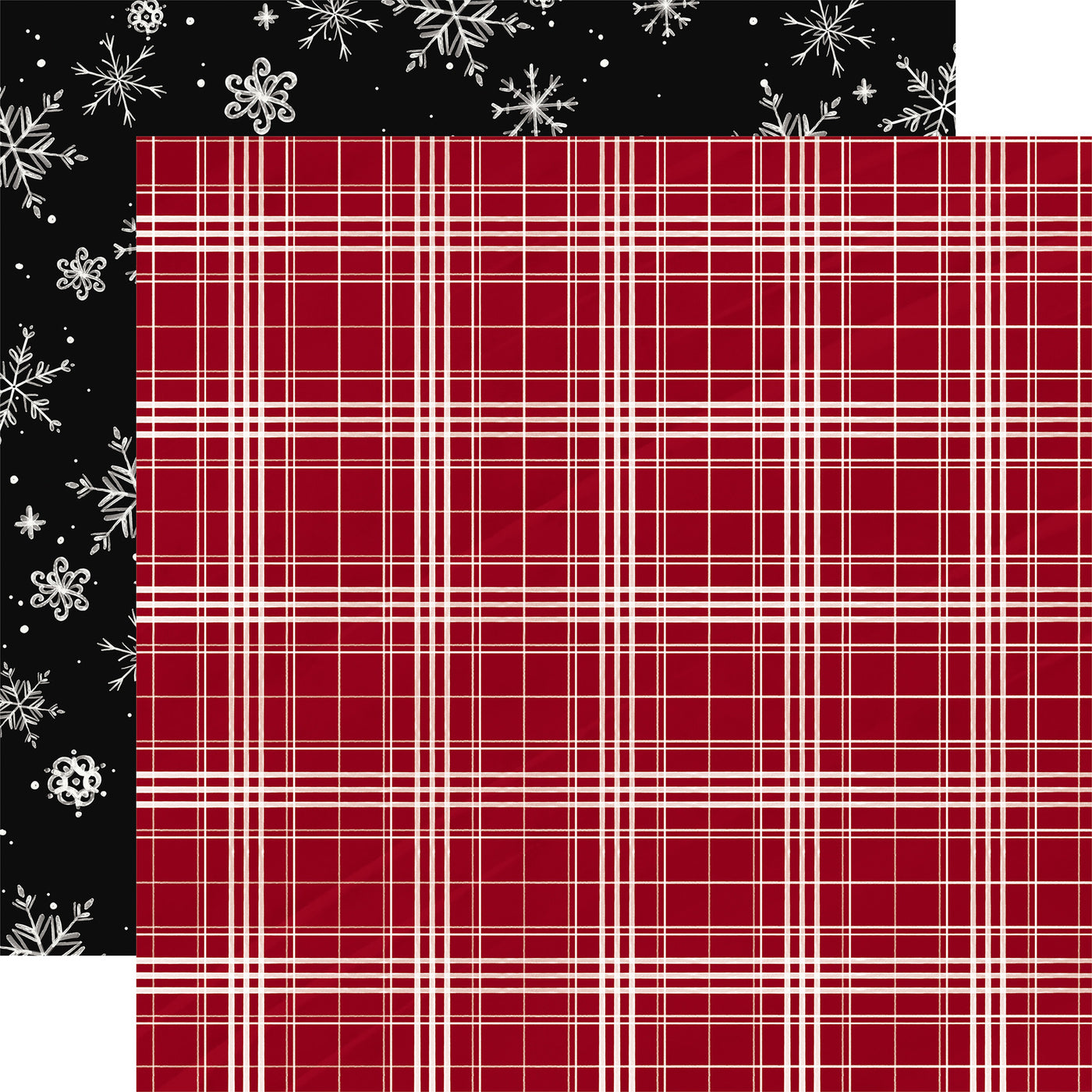 Double-sided 12x12 cardstock with white plaid on a red background; the reverse is white snowflakes on a black background. 80 lb cover. Felt texture.