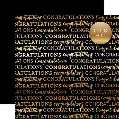 GOLD FOIL BLACK CONGRATULATIONS 12x12 Cardstock by Carta Bella Paper - 12x12 cardstock with gold foil congratulations words pattern from Carta Bella Paper Co. Great enhancement for paper crafting, archival-safe and acid-free.