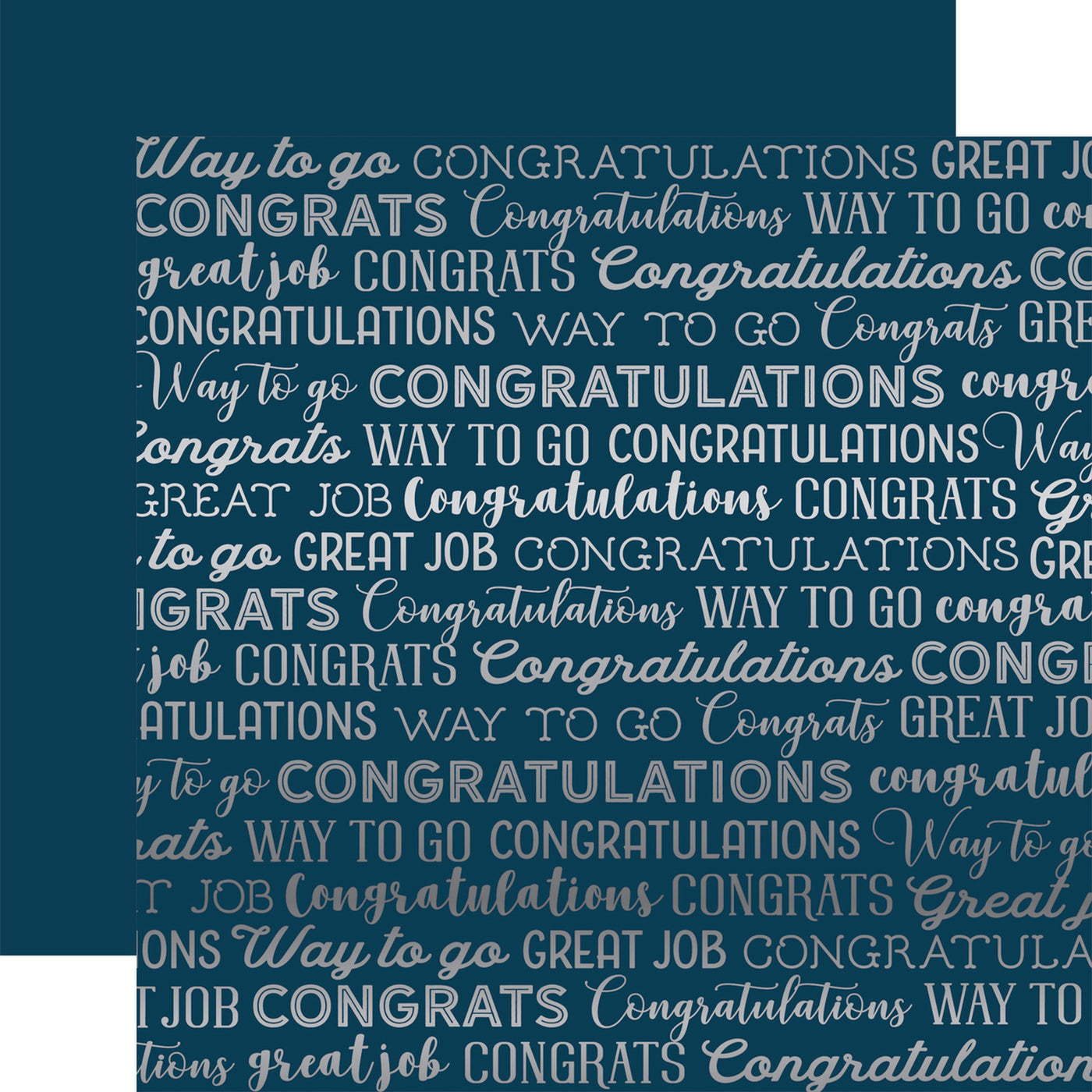 SILVER FOIL NAVY CONGRATULATIONS 12x12 Cardstock by Carta Bella Paper - 12x12 cardstock with silver foil congratulations words pattern from Carta Bella Paper Co. Great enhancement for paper crafting, archival-safe and acid-free.