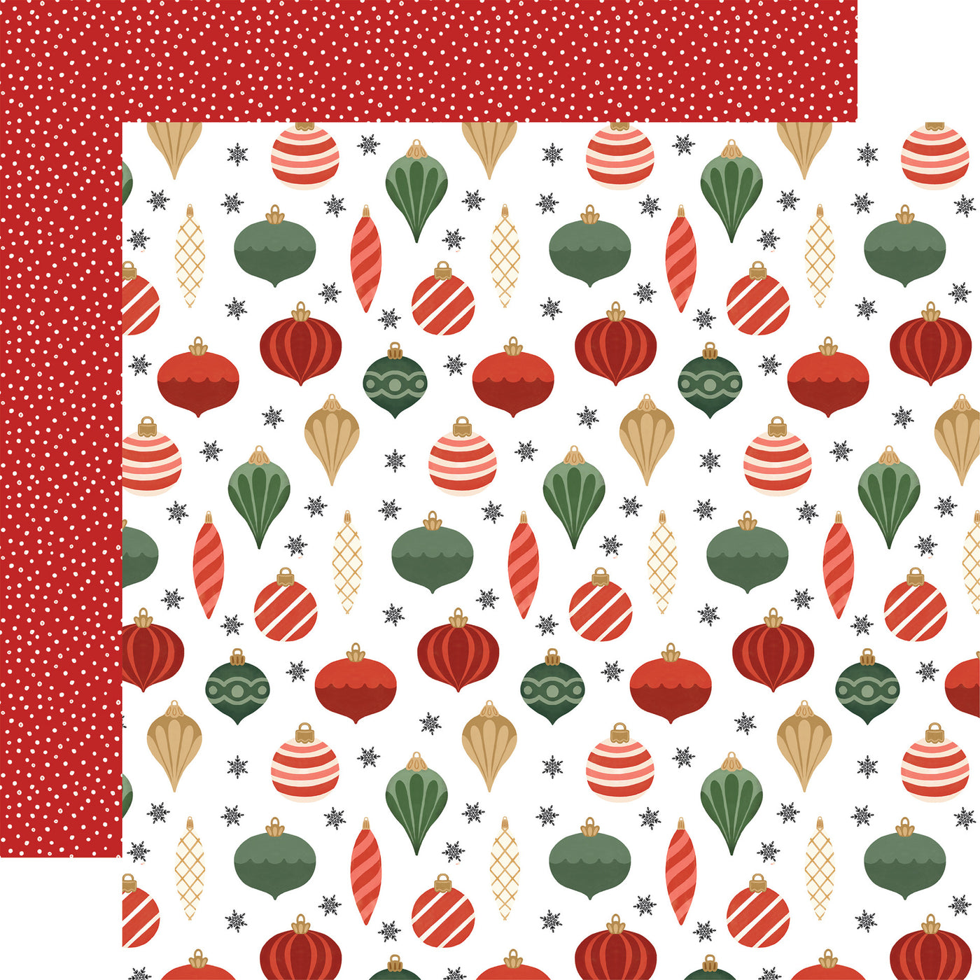 (Side A - various stylized ornaments in shades of red, green, and gold/beige. The ornaments come in different shapes (round, teardrop, striped, textured) and are scattered across a white background, interspersed with small grey snowflakes, Side B - a vibrant red background with a subtle, dense scattering of small, light-colored dots)