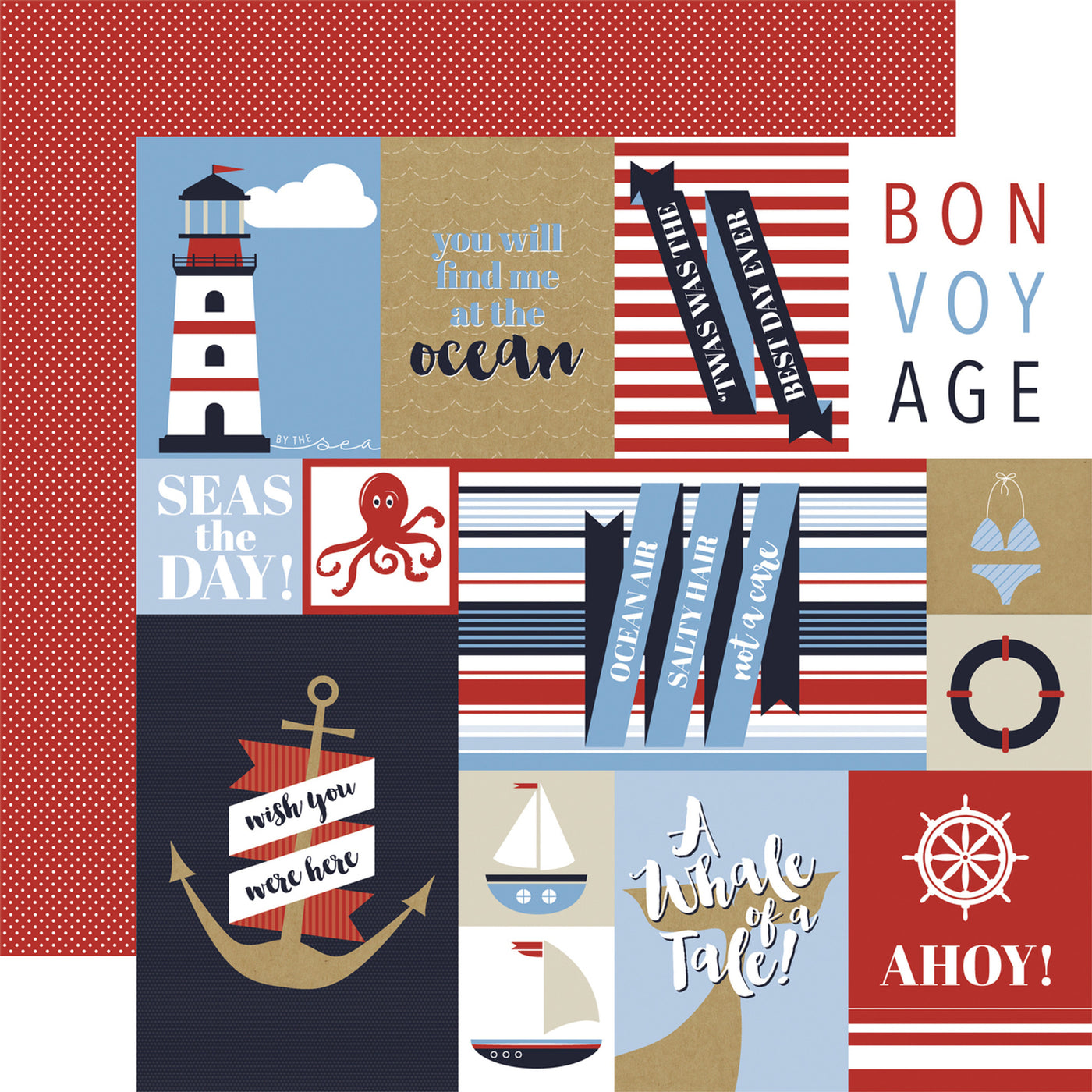 By the sea journaling cards, white polka dots on a red background reverse.