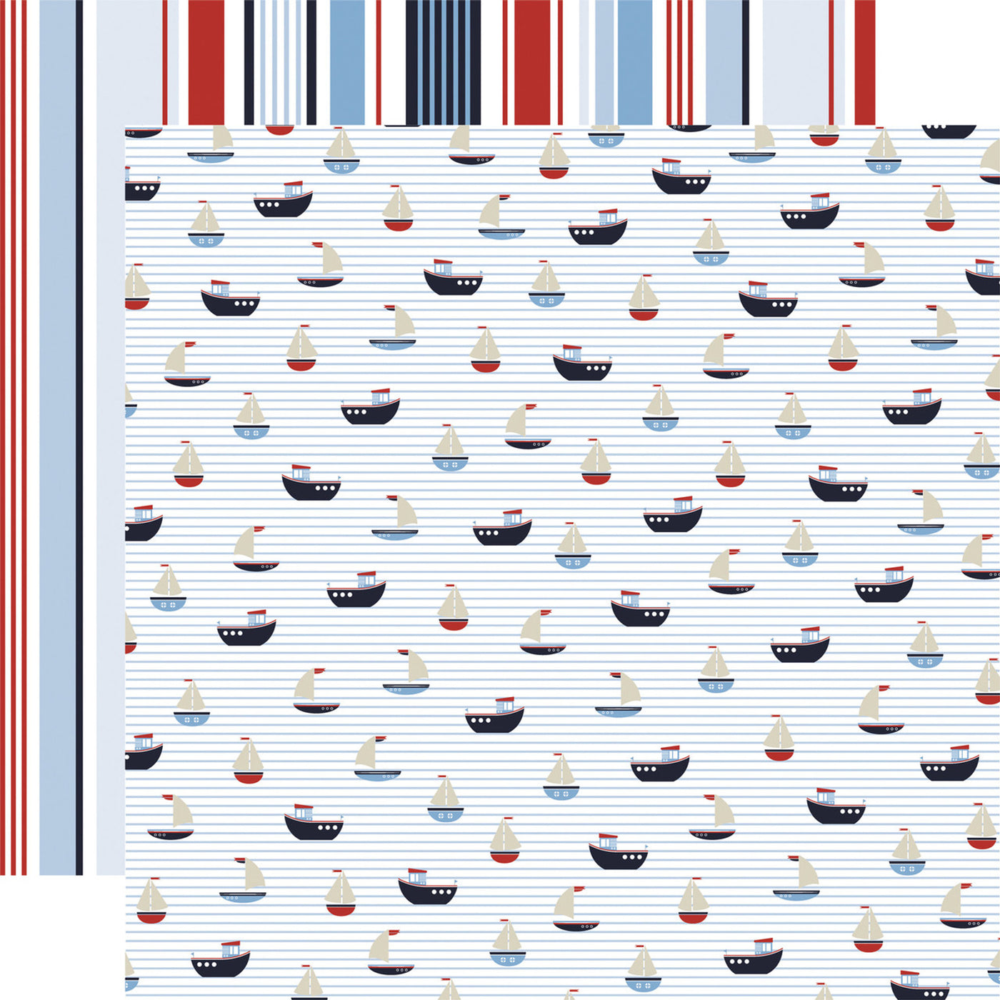 Pattern of small sailboats on a white background with red, blue, and black stripes on the reverse.
