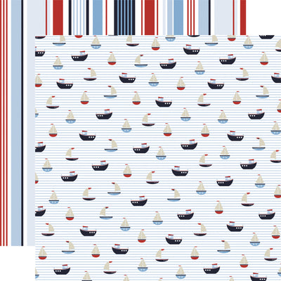 Pattern of small sailboats on a white background with red, blue, and black stripes on the reverse.