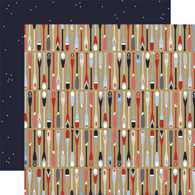 Pattern of oars on a beige background with a dark blue star pattern reverse.