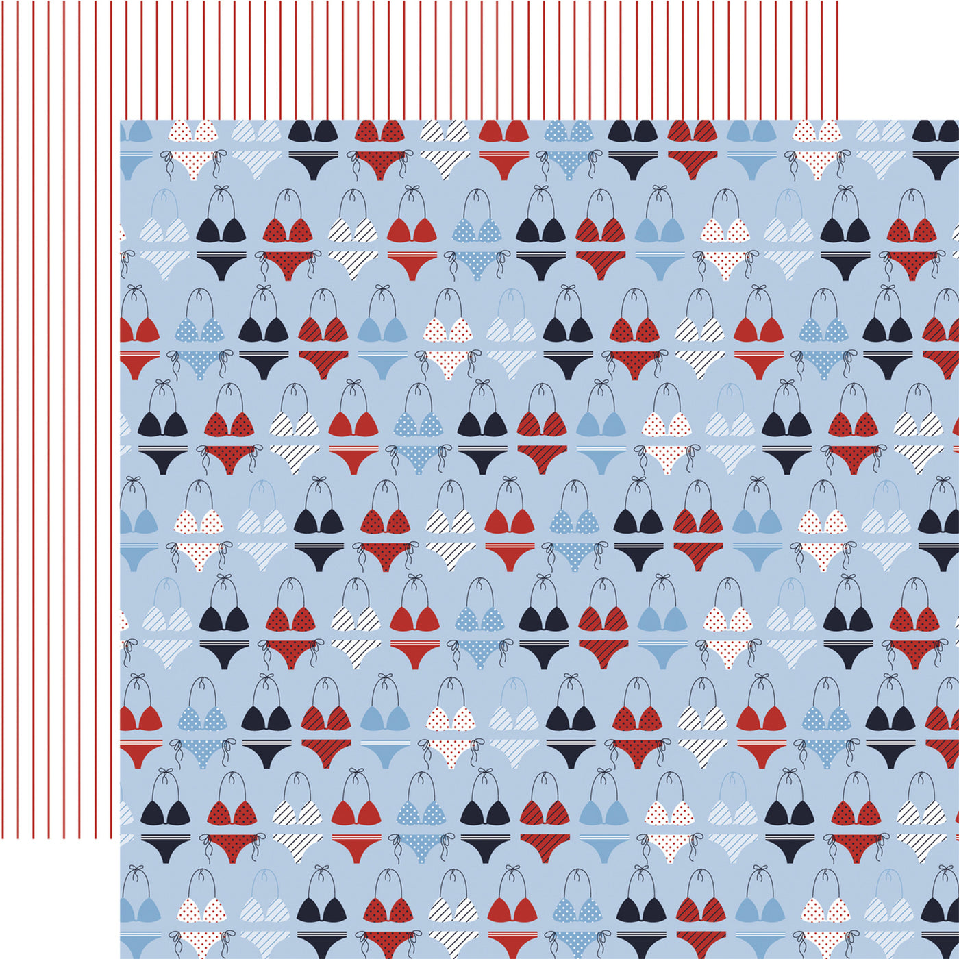 Patterned paper with red, black, and blue bikini designs on a light blue background, with thin red pin stripes reverse.