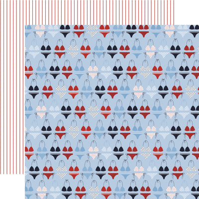 Patterned paper with red, black, and blue bikini designs on a light blue background, with thin red pin stripes reverse.