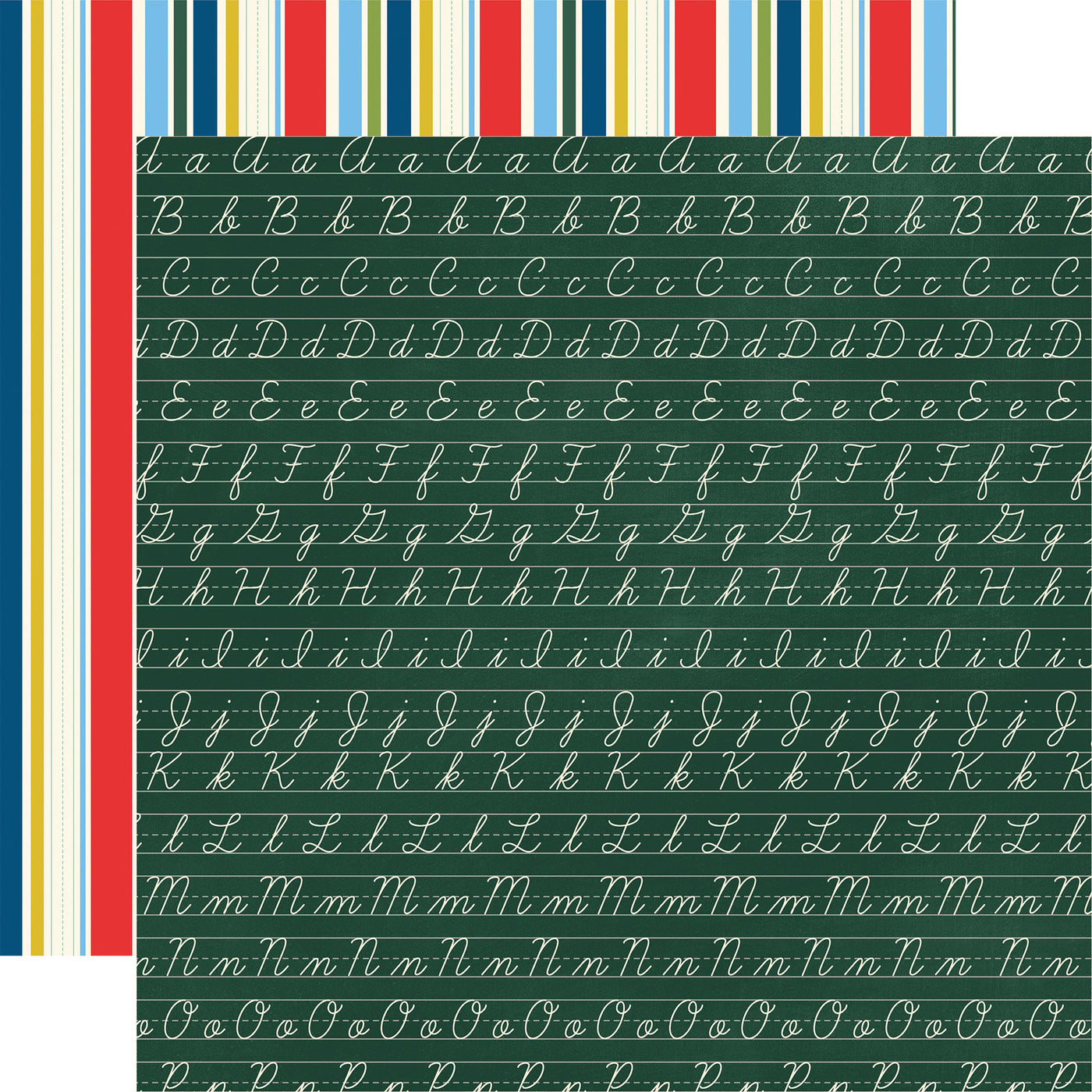 Sheet of paper with alphabet patterns on a green background with colorful stripes reverse.
