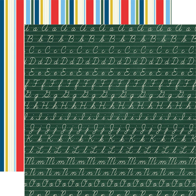 Sheet of paper with alphabet patterns on a green background with colorful stripes reverse.